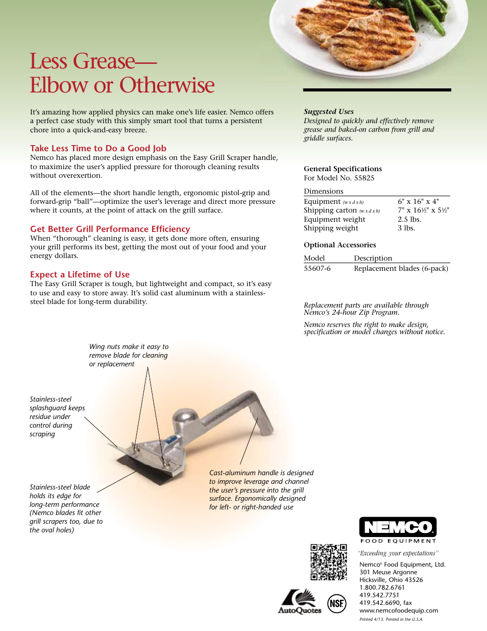 Less grease— elbow or otherwise | Nemco Food Equipment Easy Grill Scraper - Spec Sheet User Manual | Page 2 / 2