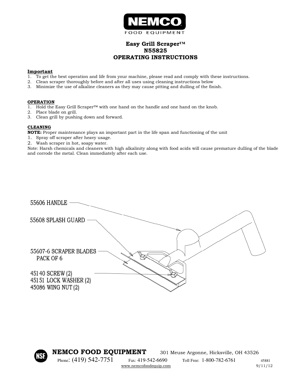 Nemco Food Equipment Easy Grill Scraper - Operations Manual User Manual | 1 page