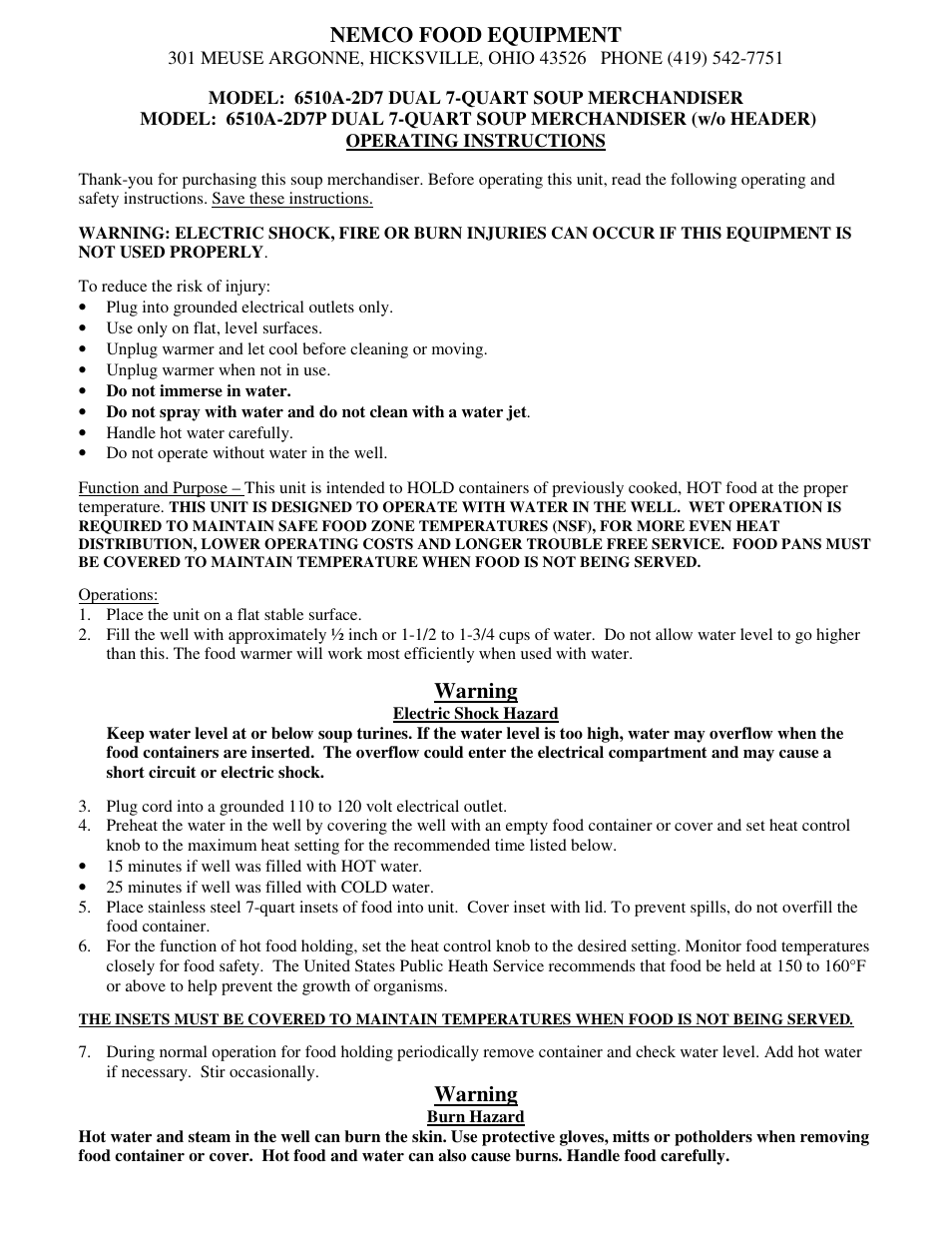 Nemco Food Equipment Soup Merchandisers 6510A-2D7P - Operations Manual User Manual | 2 pages