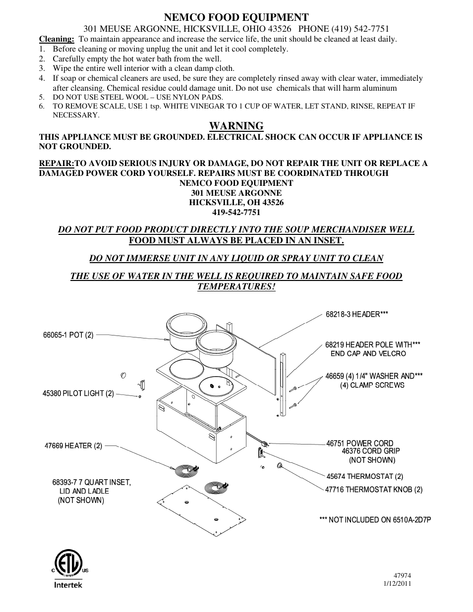 Nemco food equipment, Warning | Nemco Food Equipment Soup Merchandisers 6510A-2D7P - Operations Manual User Manual | Page 2 / 2