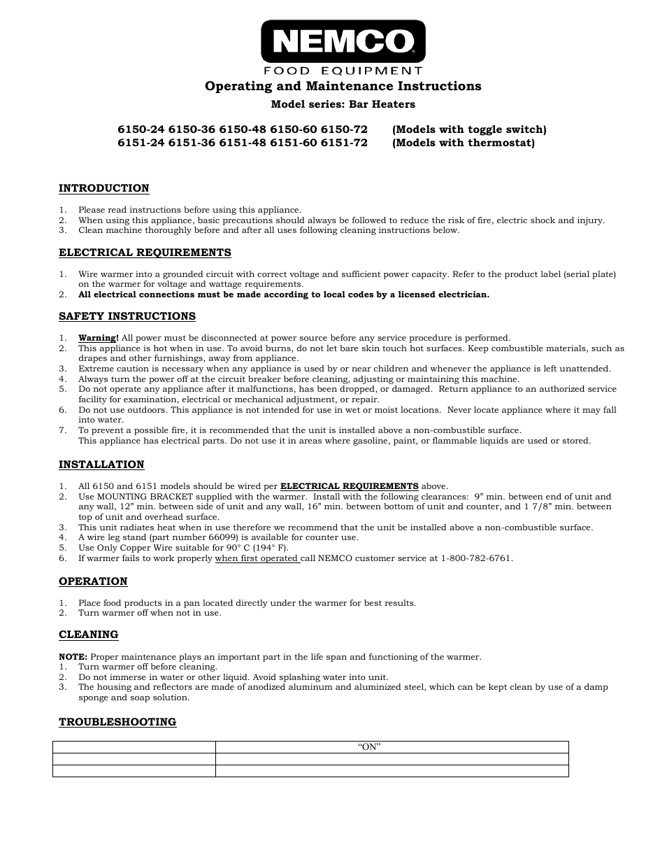 Nemco Food Equipment Infrared Strip Heaters 6150-x & 6151-x - Operations Manual User Manual | 2 pages