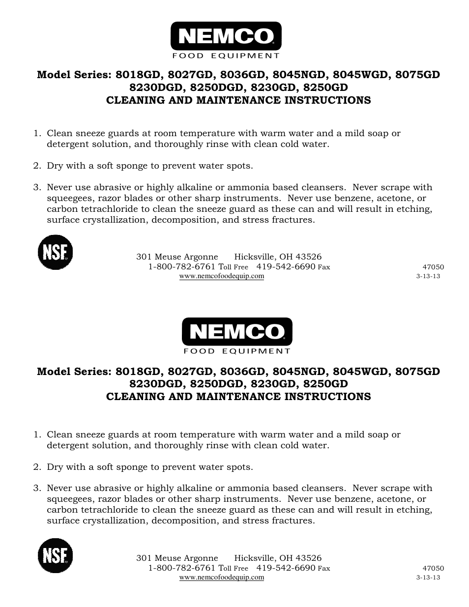 Nemco Food Equipment Roller Grill Guards (Self-Serve Guard) - Cleaning Instructions User Manual | 1 page