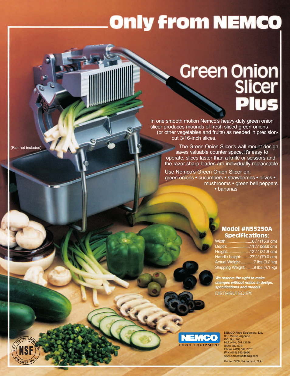 Nemco Food Equipment Green Onion Slicer Plus - Spec Sheet User Manual | 1 page