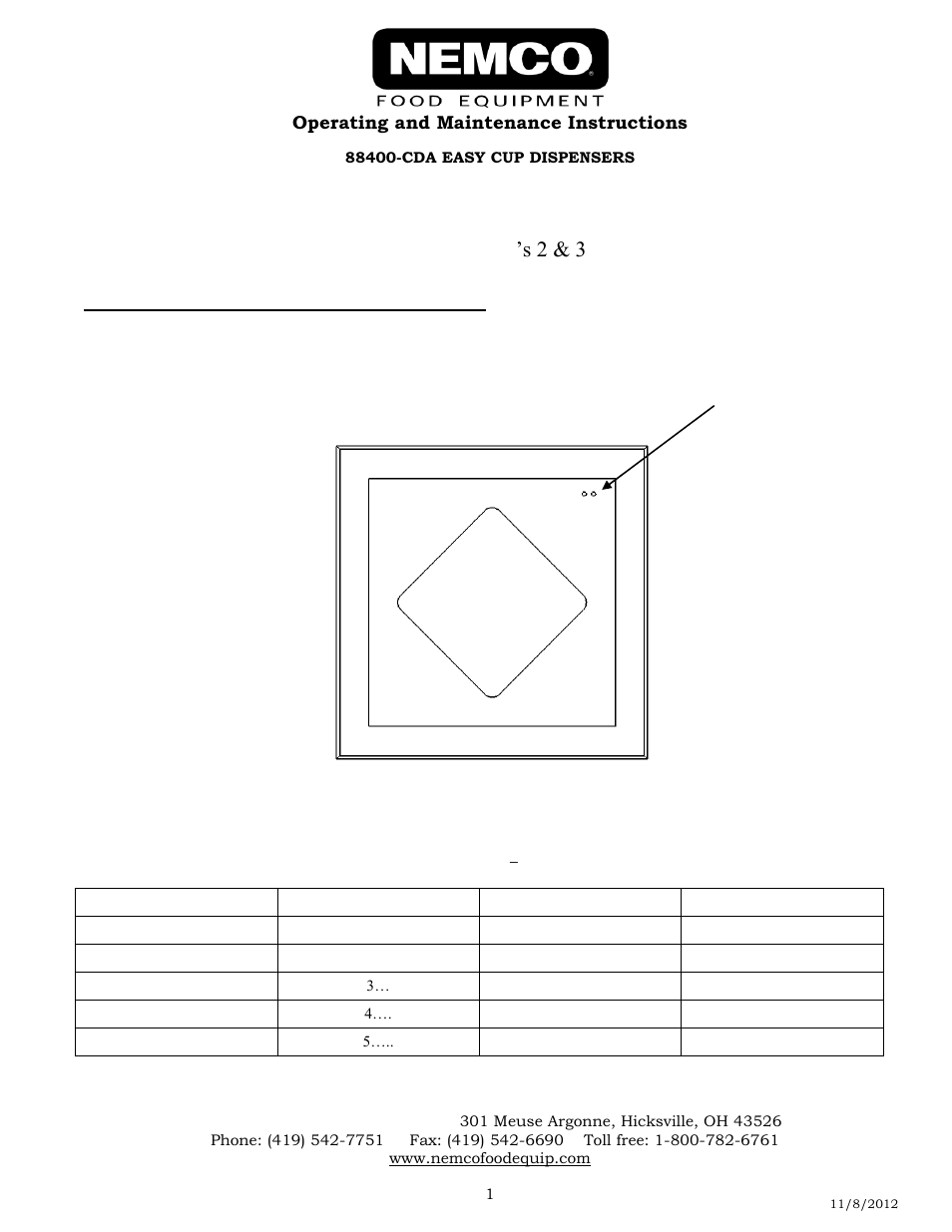 Nemco Food Equipment Cup Dispensing Accessories 88400-CDA - Operations Manual User Manual | 1 page