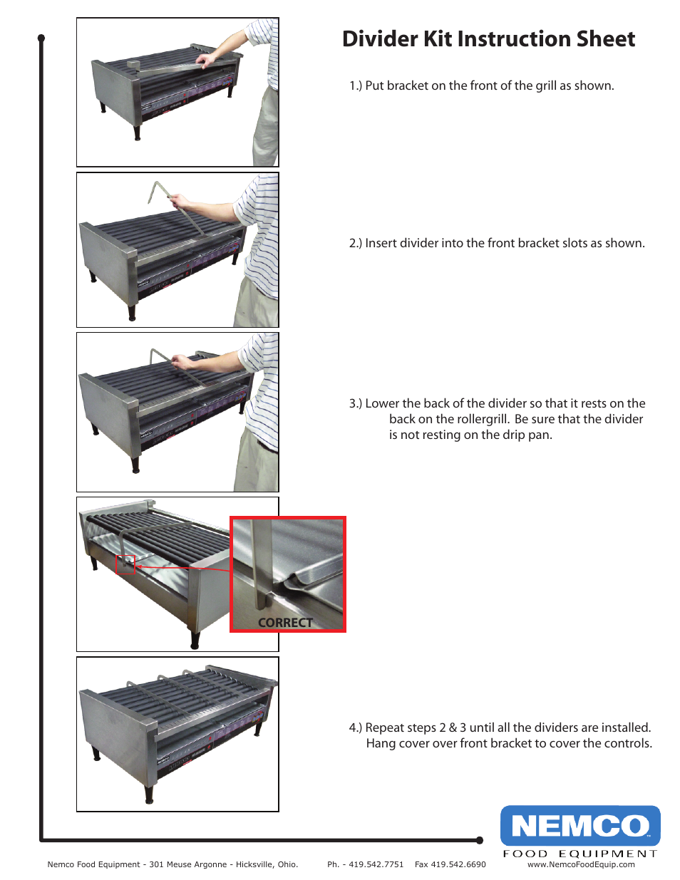 Nemco Food Equipment Hot Dog Roller Grill Accessories 80440 Series Divider Kit - Instruction Sheet User Manual | 1 page