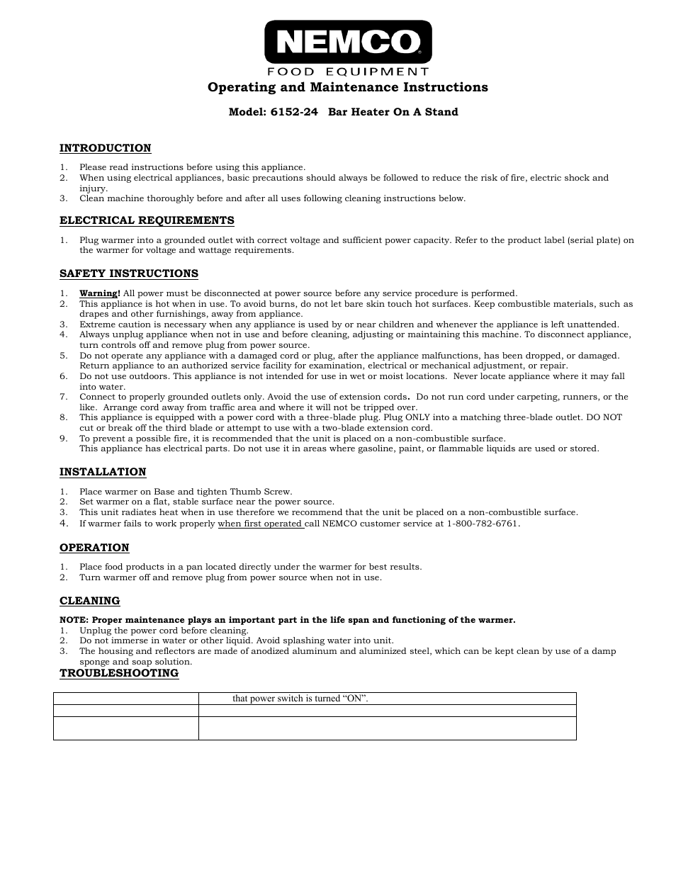 Nemco Food Equipment Infrared Strip Heaters 6152-24 - Operations Manual User Manual | 2 pages