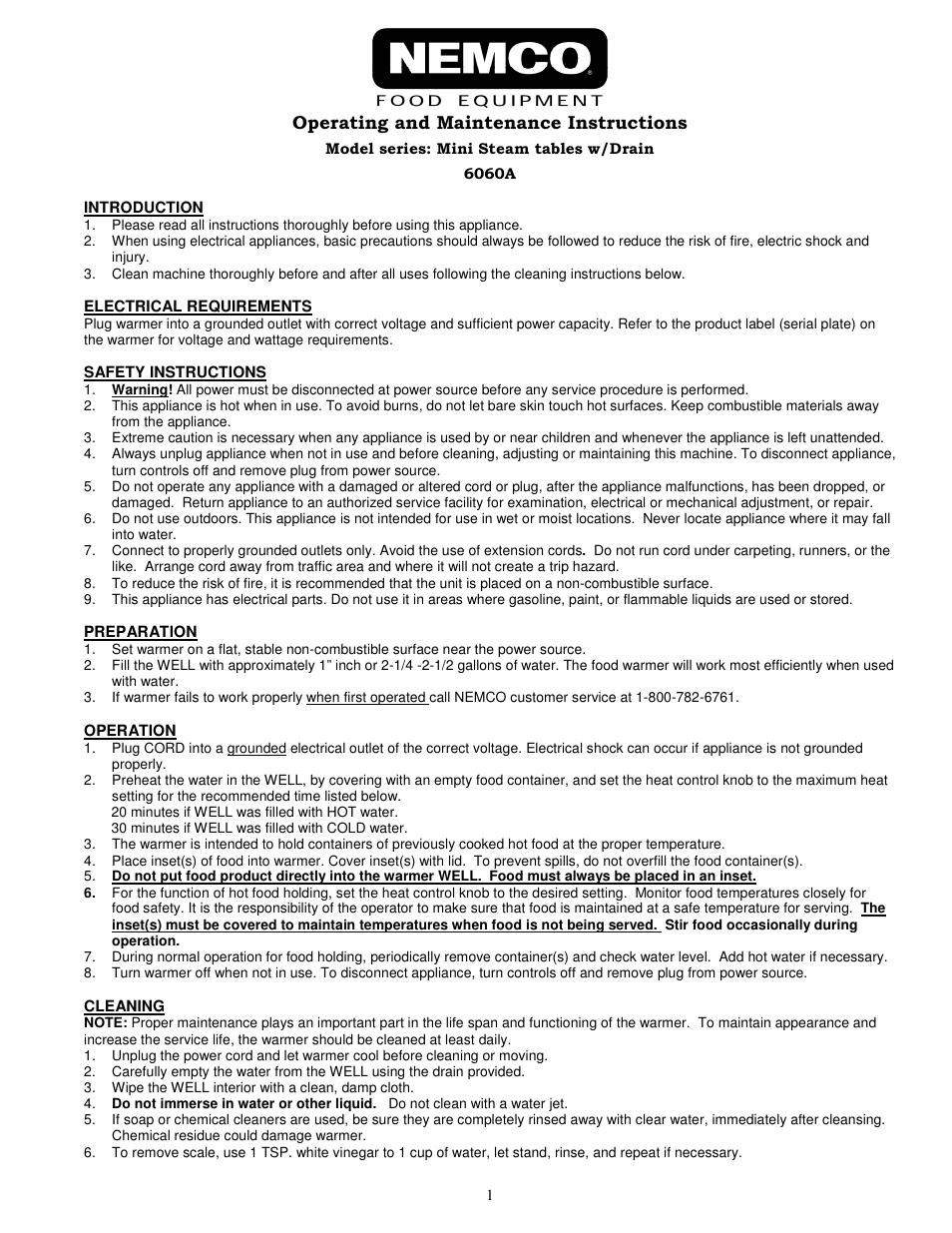 Nemco Food Equipment Mini Steamtables - Operations Manual User Manual | 2 pages