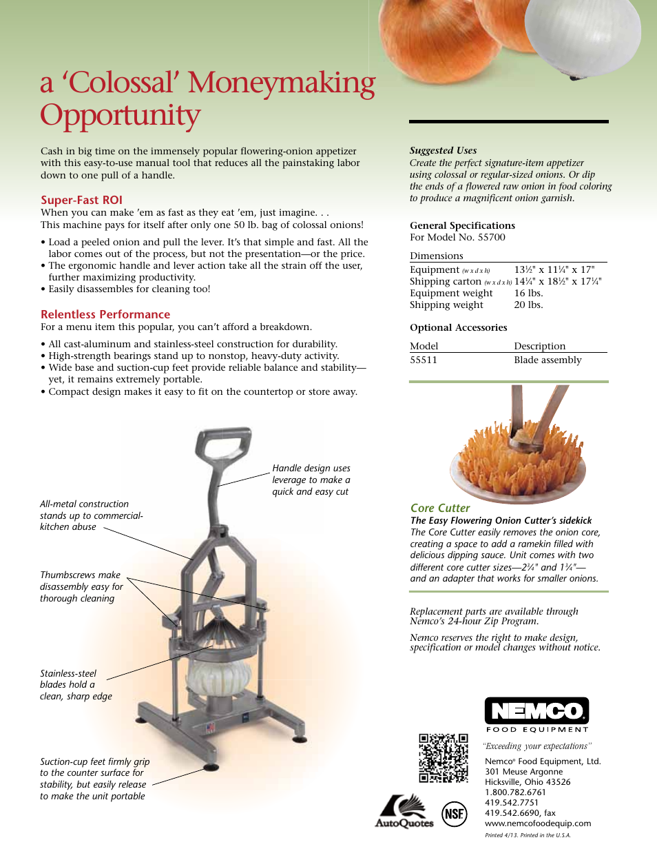 A ‘colossal’ moneymaking opportunity, Super-fast roi, Relentless performance | Core cutter | Nemco Food Equipment Easy Flowering Onion Cutter - Spec Sheet User Manual | Page 2 / 2