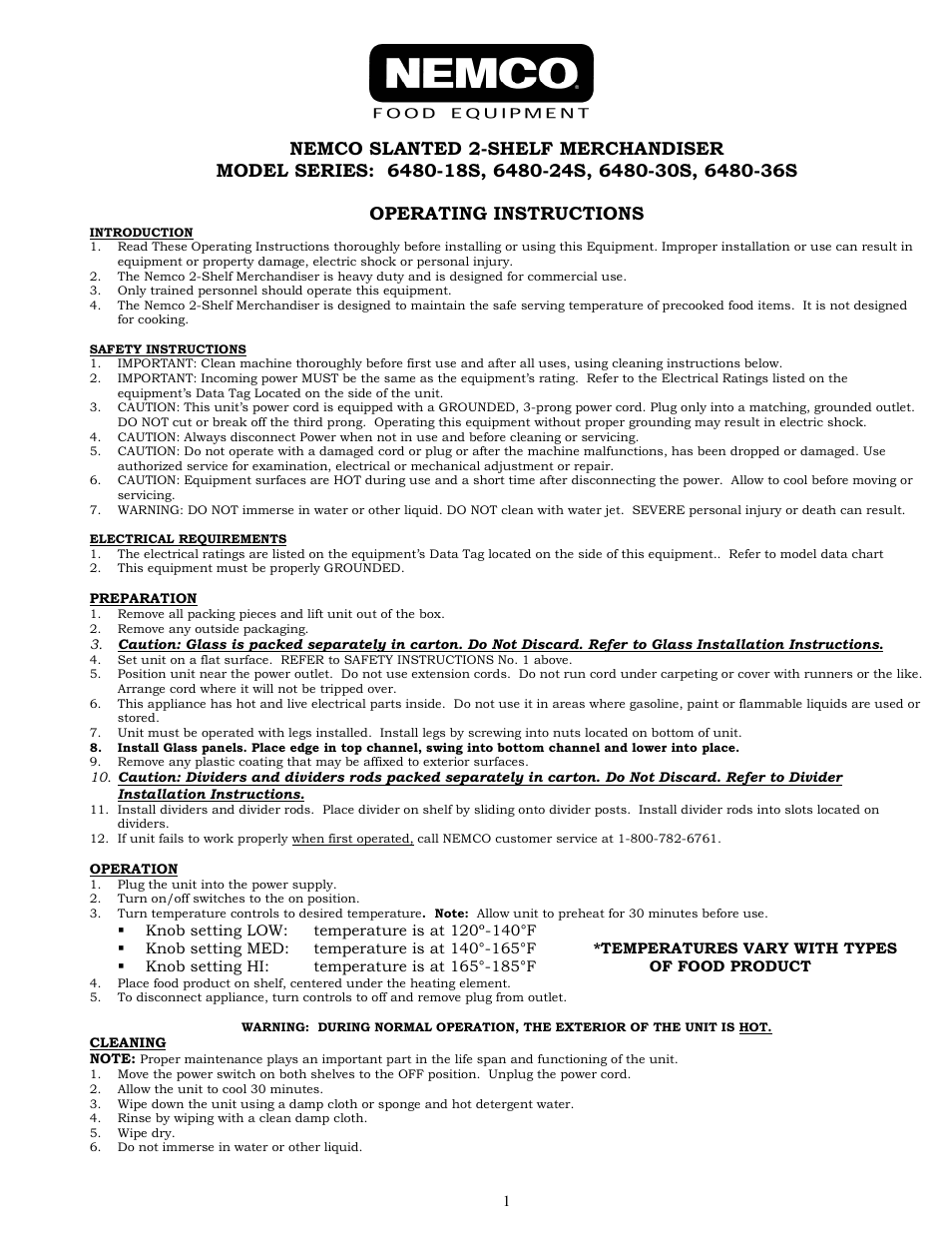 Nemco Food Equipment Dual Shelf Merchandisers Slant Series - Operations Manual User Manual | 6 pages