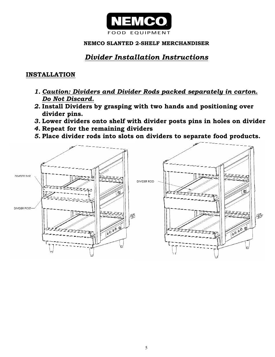 Divider installation instructions | Nemco Food Equipment Dual Shelf Merchandisers Slant Series - Operations Manual User Manual | Page 5 / 6