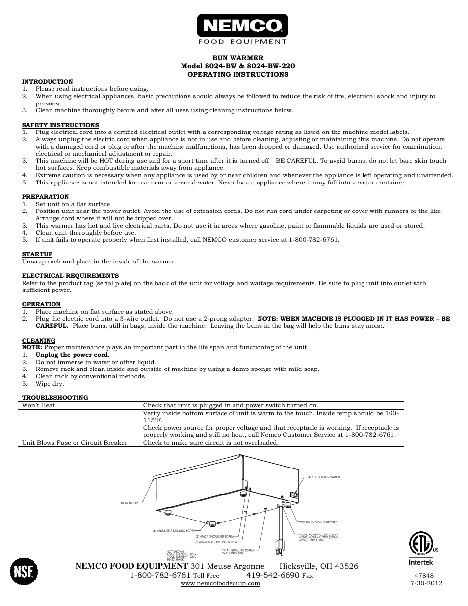 Nemco Food Equipment Bun_Food Warmers 8024BW - Operations Manual User Manual | 1 page