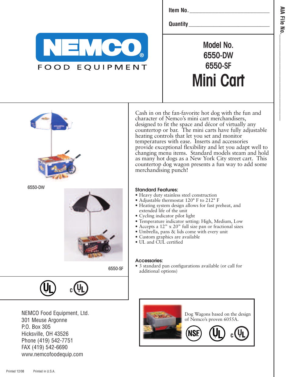 Nemco Food Equipment Hot Dog Mini Carts - Spec Sheet User Manual | 2 pages