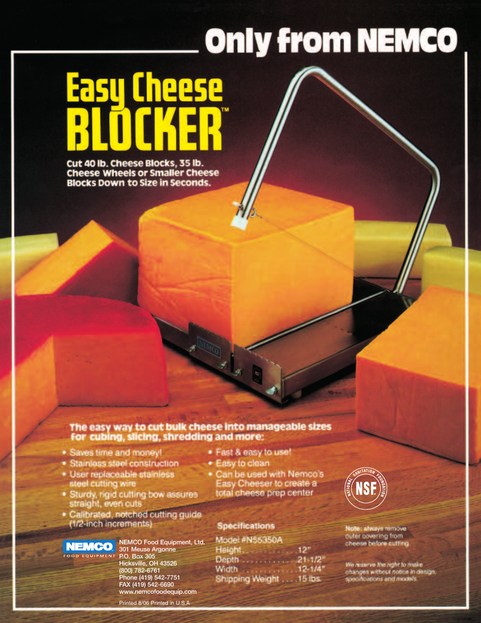 Nemco Food Equipment Easy Cheese Blocker - Spec Sheet User Manual | 1 page