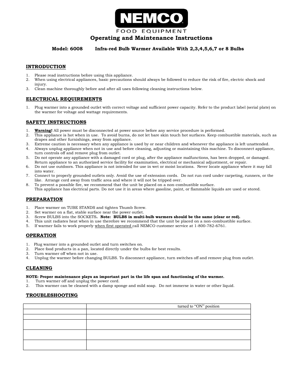 Nemco Food Equipment Infrared Bulb Warmers 6008 - Operations Manual User Manual | 2 pages