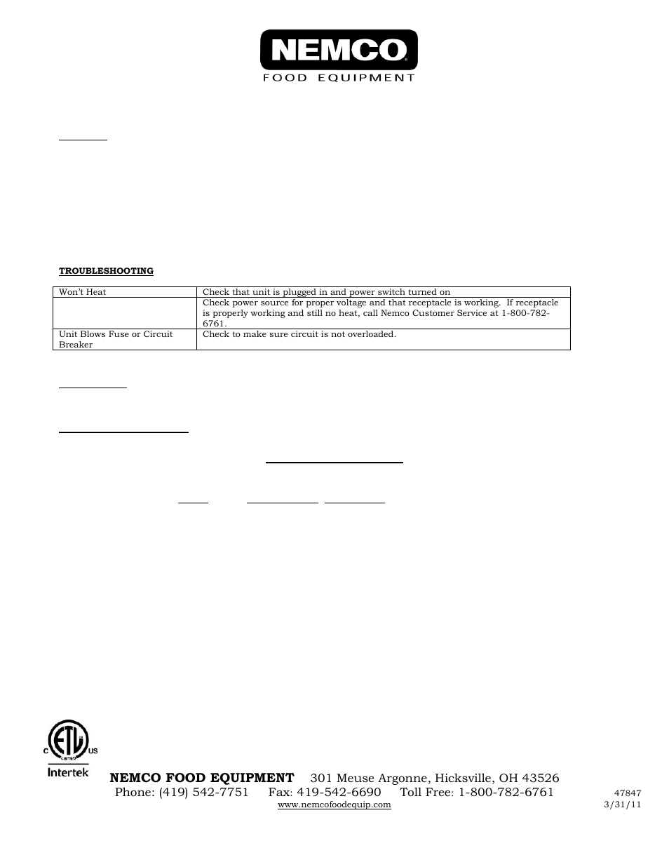 Nemco Food Equipment Bun_Food Warmers 8048BW - Operations Manual User Manual | 1 page