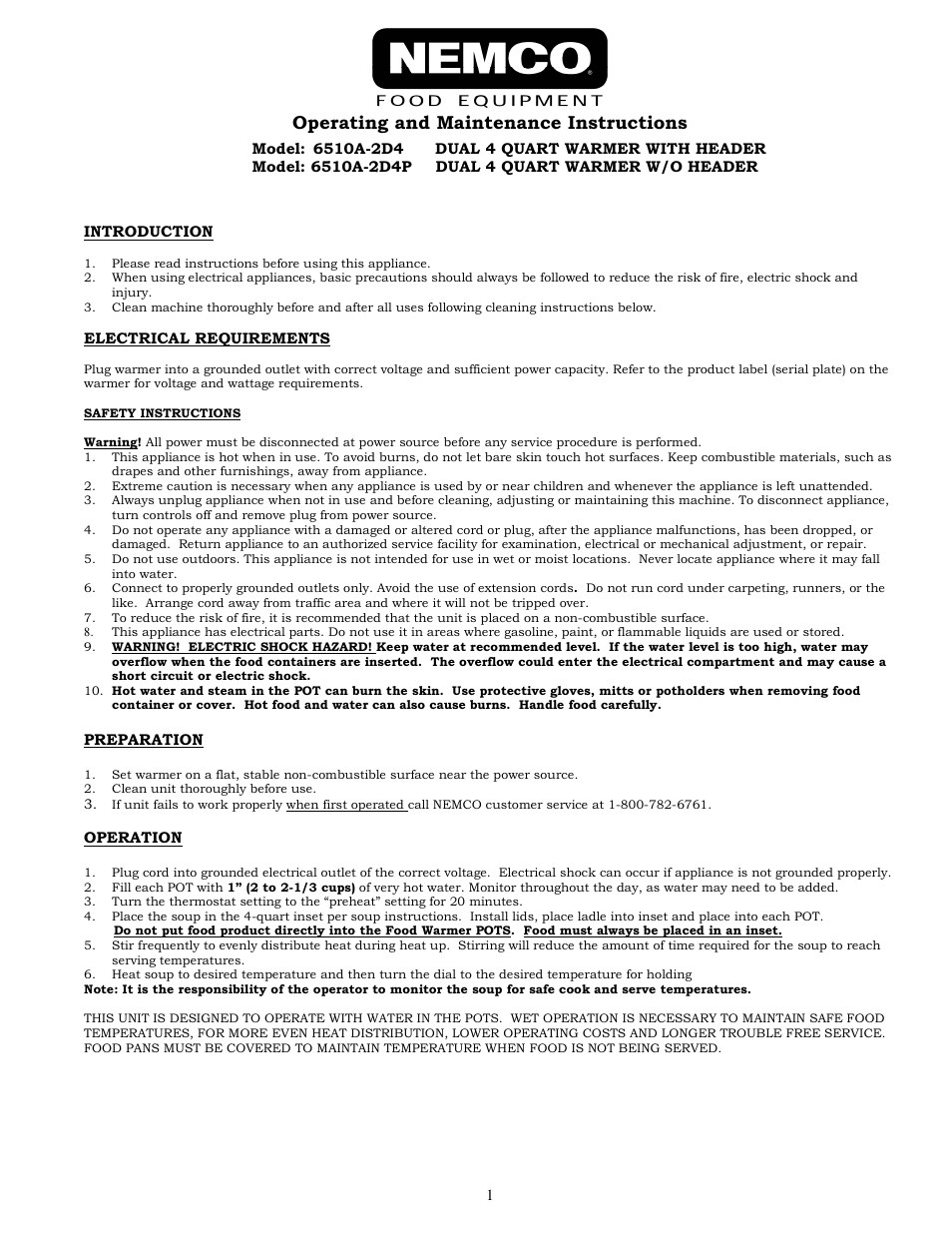Nemco Food Equipment Soup Merchandisers 6510A-2D4P - Operations Manual User Manual | 2 pages