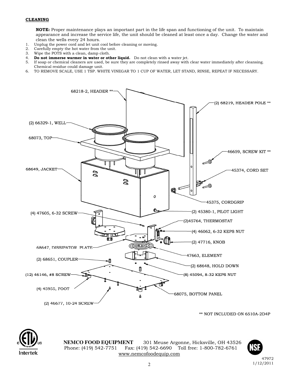 Nemco Food Equipment Soup Merchandisers 6510A-2D4P - Operations Manual User Manual | Page 2 / 2