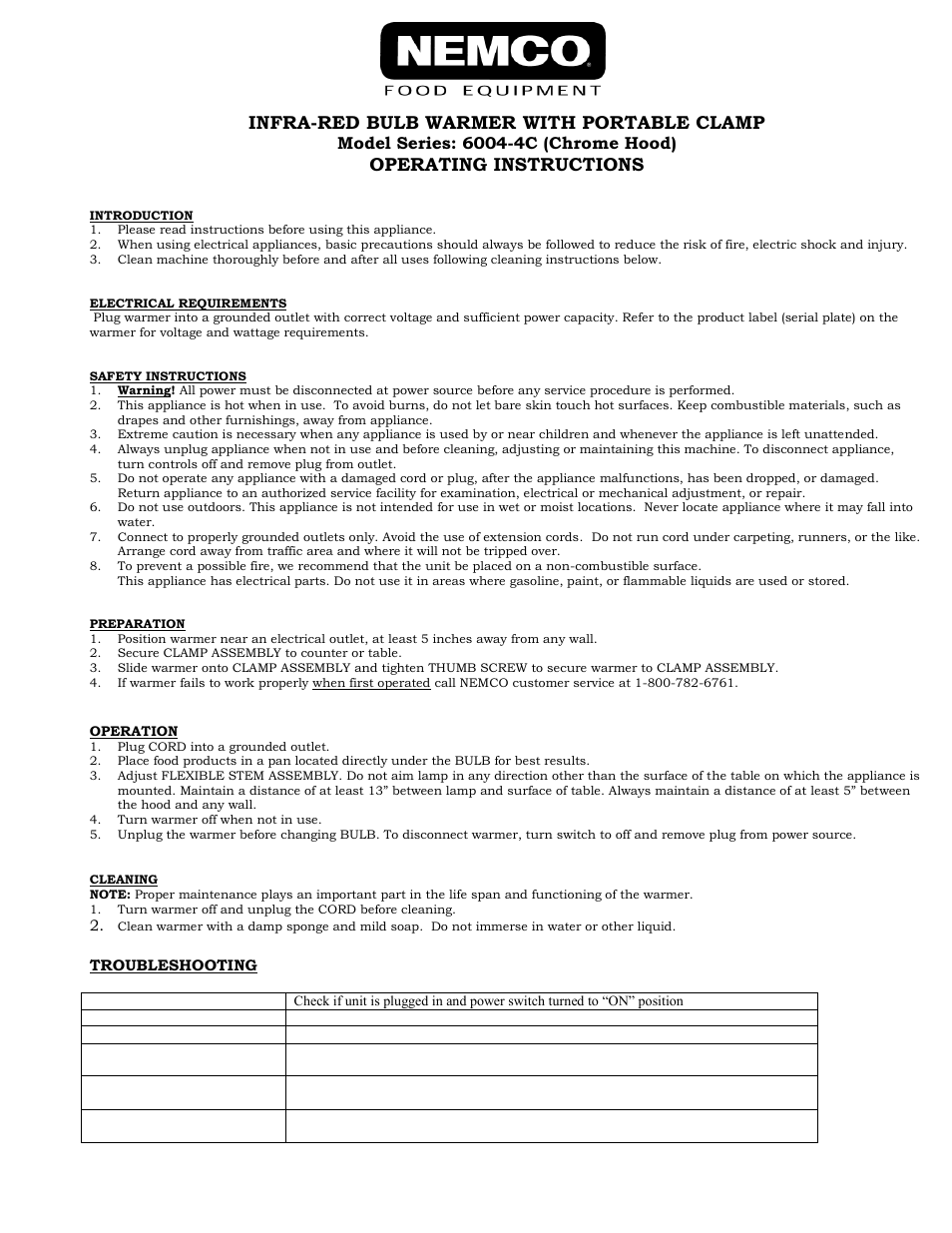 Nemco Food Equipment Infrared Bulb Warmers 6004-4C - Operations Manual User Manual | 2 pages