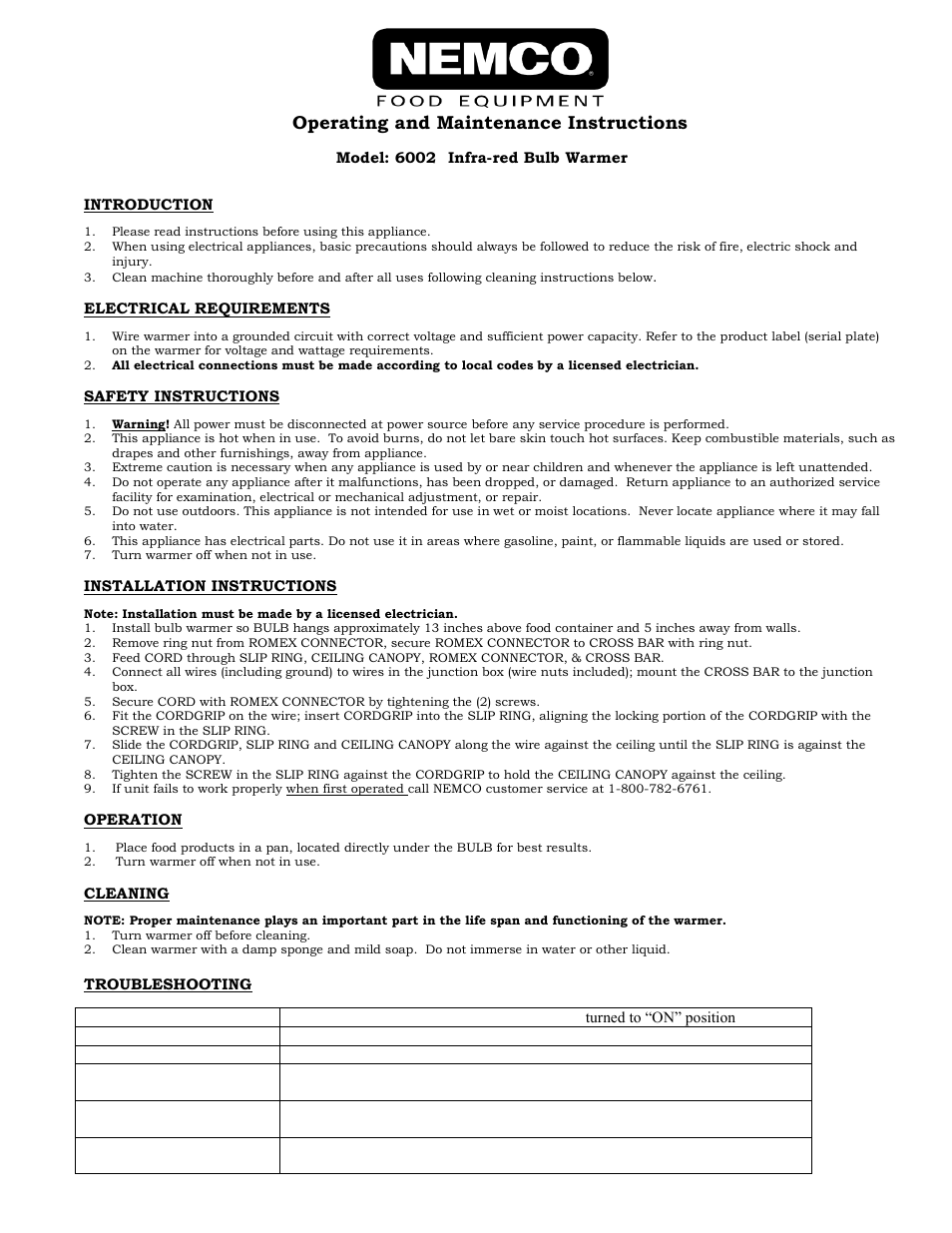 Nemco Food Equipment Suspended Infrared Bulb Warmers 6002 - Operations Manual User Manual | 2 pages