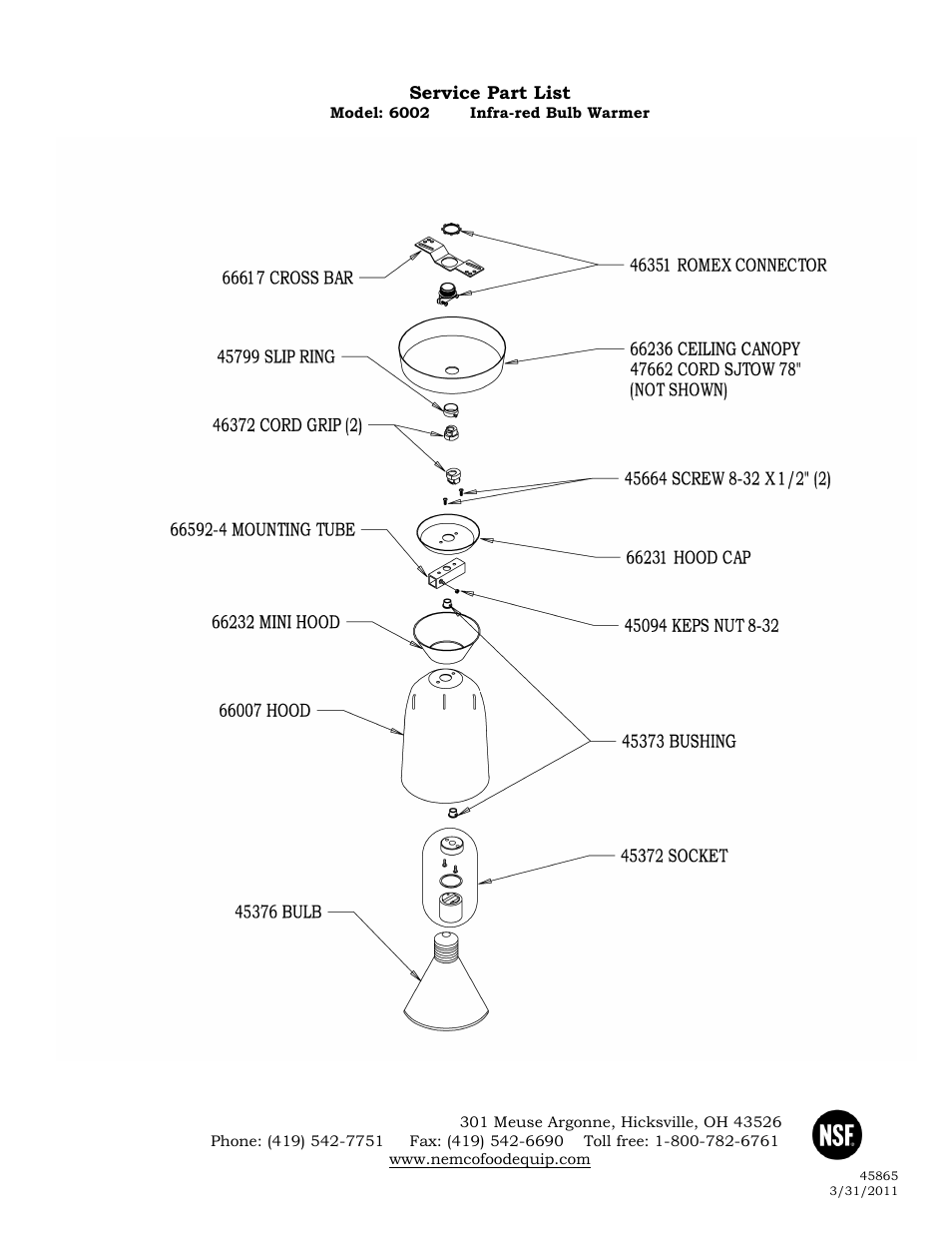 Service part list | Nemco Food Equipment Suspended Infrared Bulb Warmers 6002 - Operations Manual User Manual | Page 2 / 2