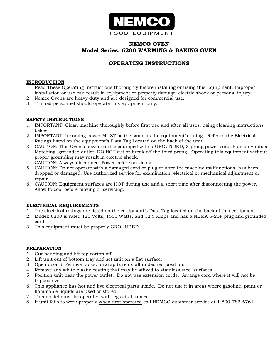 Nemco Food Equipment Countertop Warming & Baking Oven - Operations Manual User Manual | 2 pages
