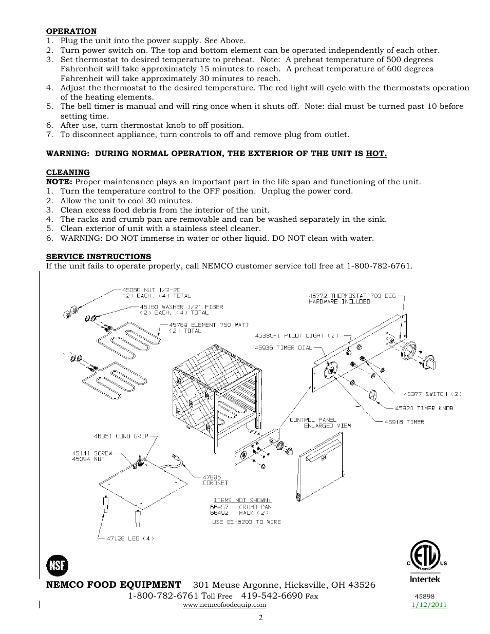 Nemco Food Equipment Countertop Warming & Baking Oven - Operations Manual User Manual | Page 2 / 2