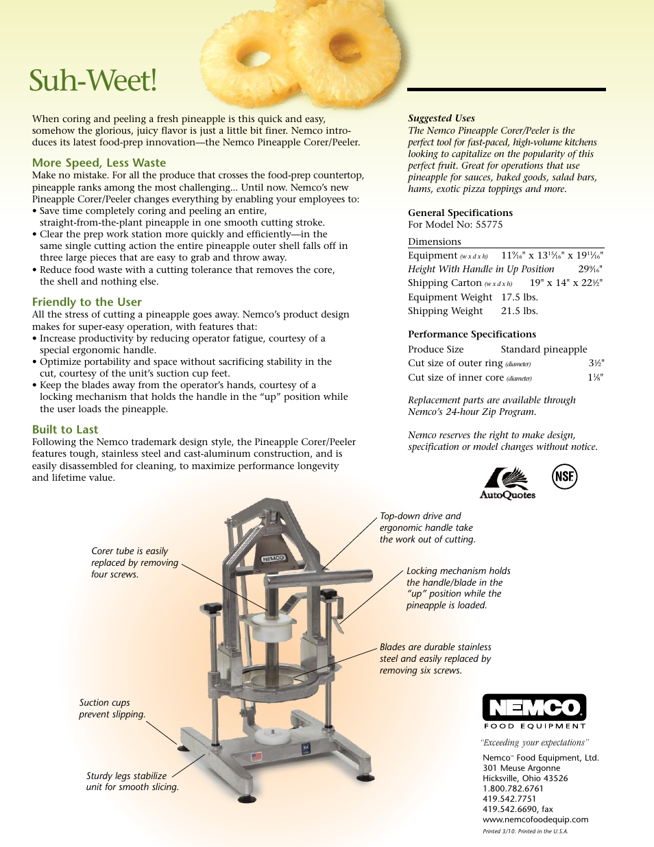 Suh-weet, More speed, less waste, Friendly to the user | Built to last | Nemco Food Equipment Easy Pineapple Corer_Peeler - Spec Sheet User Manual | Page 2 / 2