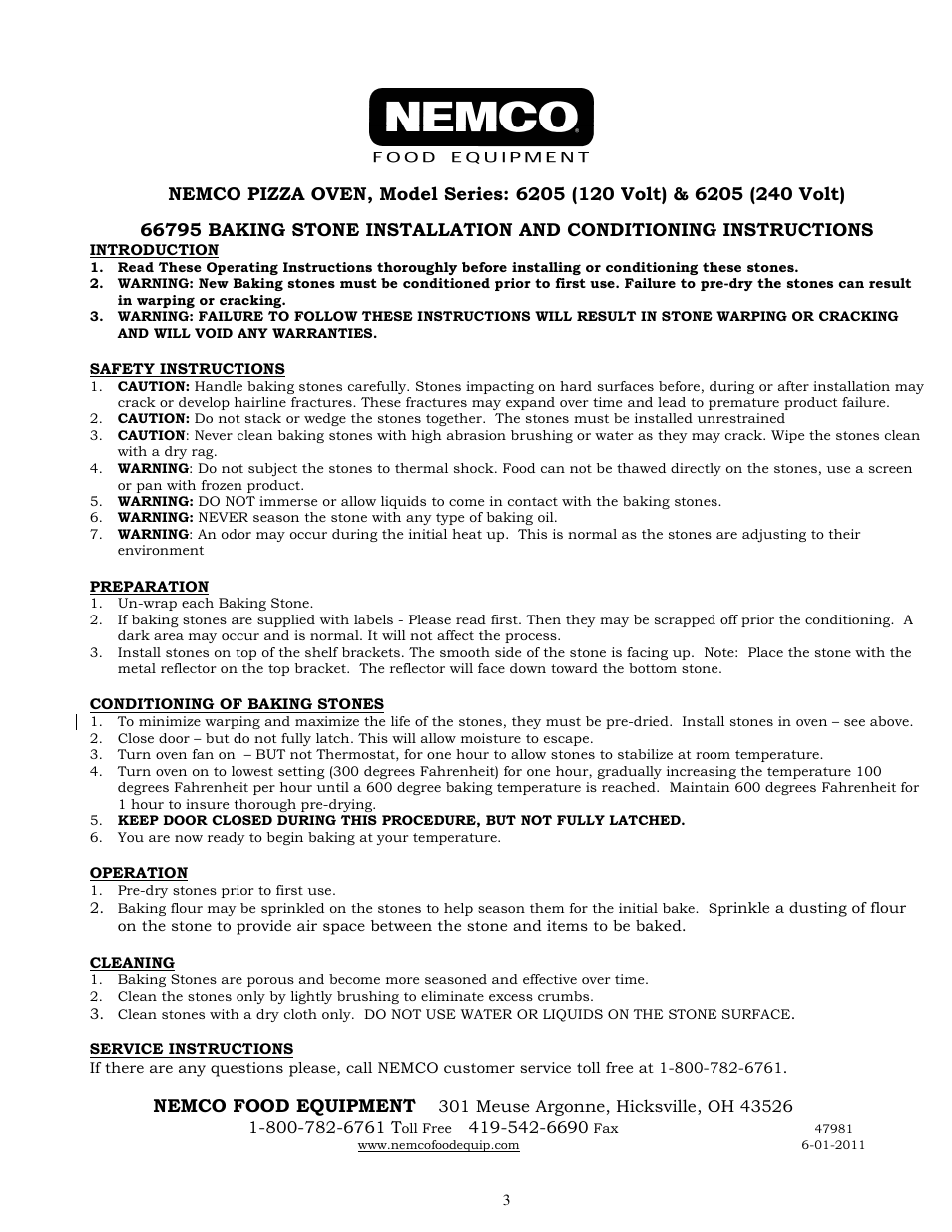 Nemco Food Equipment Countertop Pizza Ovens - Operations Manual User Manual | Page 3 / 3
