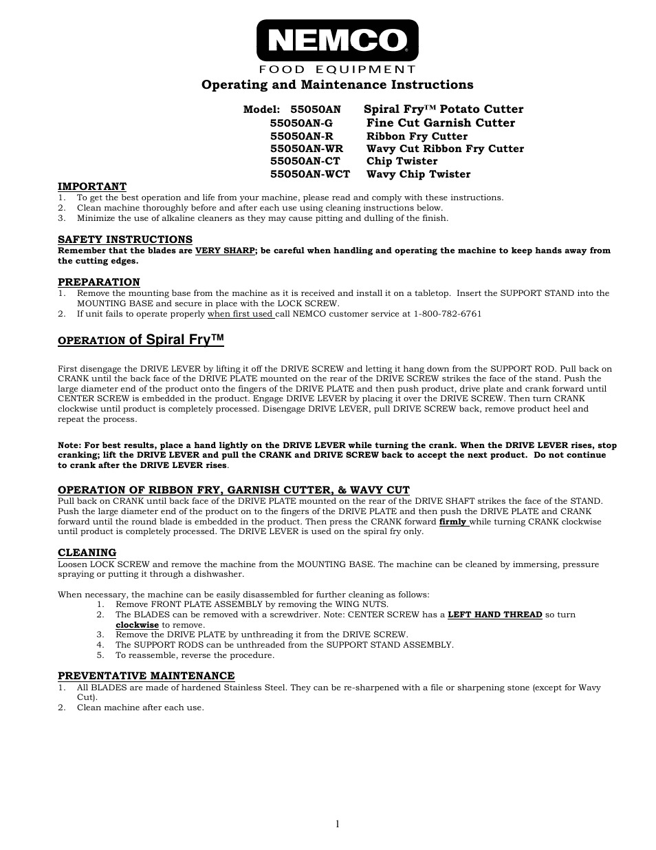 Nemco Food Equipment Spiral Fry - Operations Manual User Manual | 2 pages