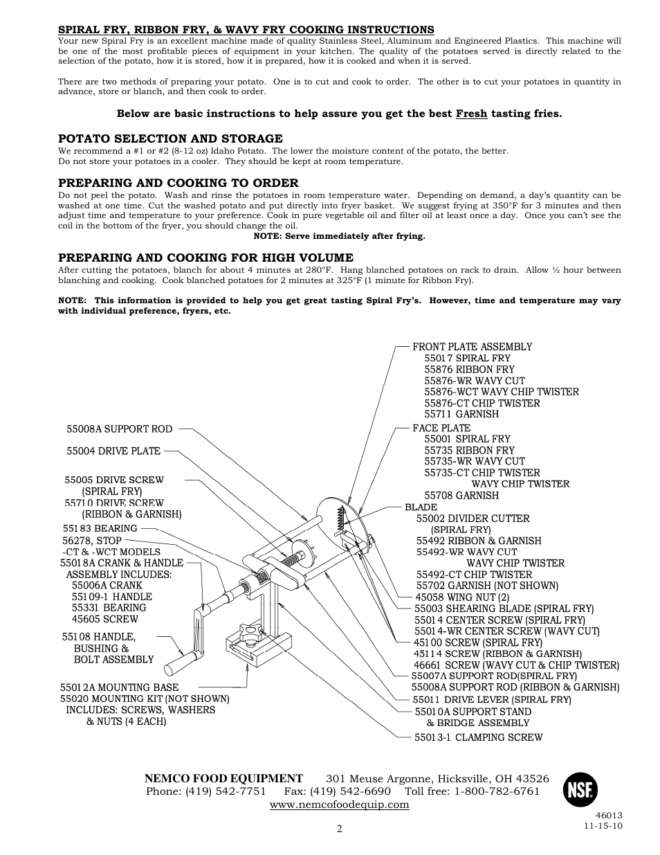 Nemco food equipment, Potato selection and storage, Preparing and cooking to order | Preparing and cooking for high volume | Nemco Food Equipment Spiral Fry - Operations Manual User Manual | Page 2 / 2