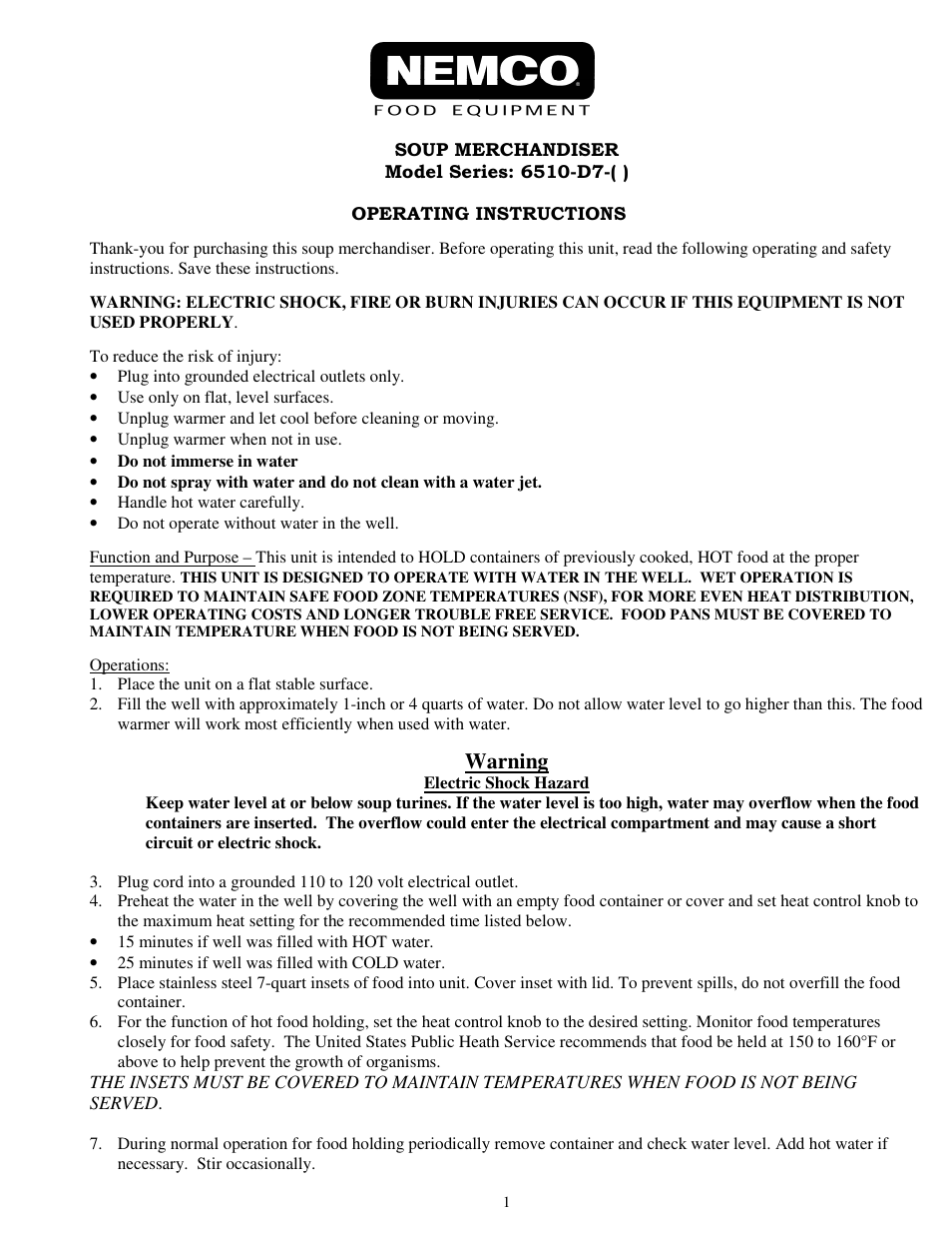 Nemco Food Equipment Soup Merchandisers 6510-D7-( ) - Operations Manual User Manual | 2 pages