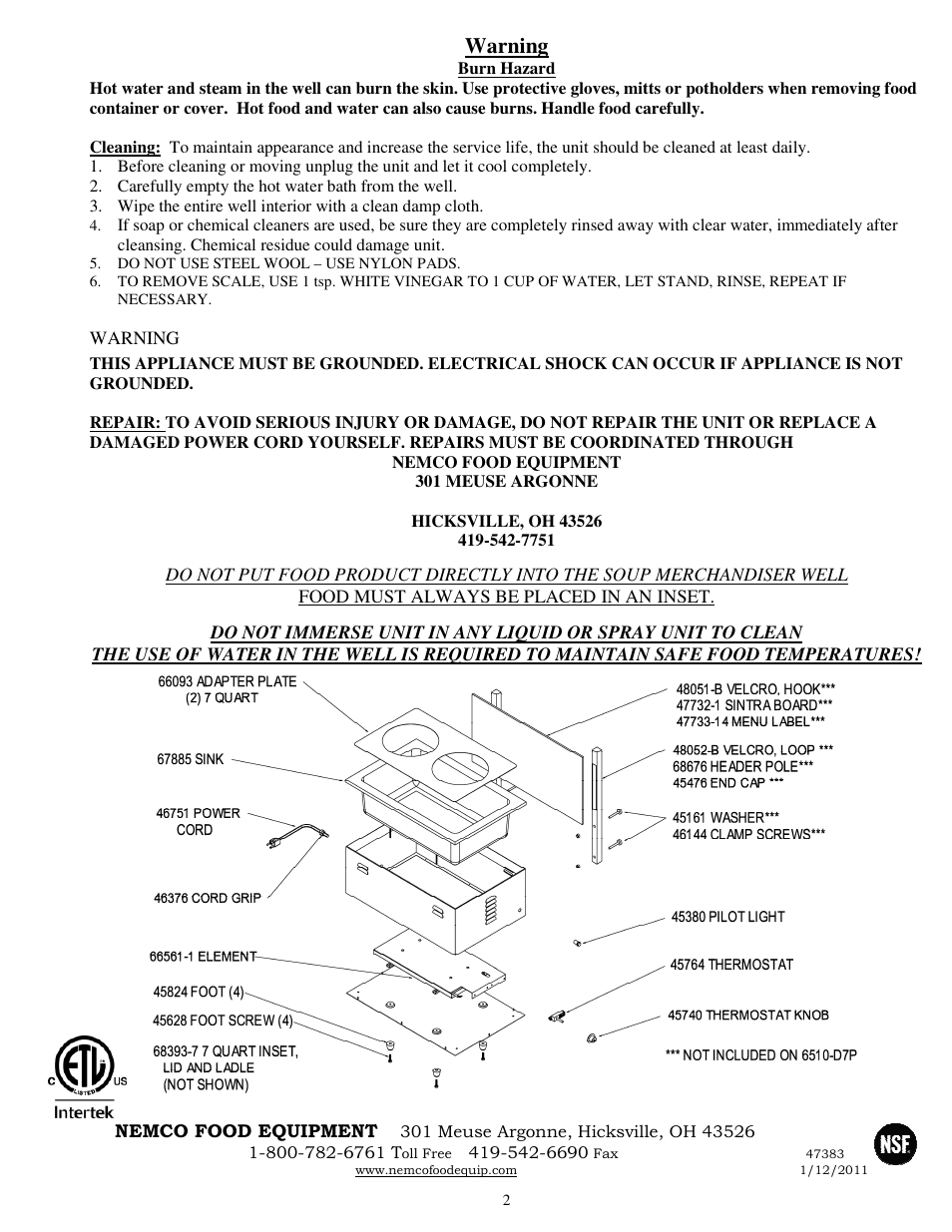 Warning | Nemco Food Equipment Soup Merchandisers 6510-D7-( ) - Operations Manual User Manual | Page 2 / 2