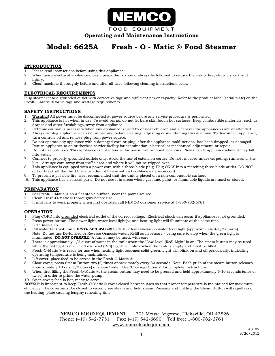 Nemco Food Equipment Fresh-O-Matic - Operations Manual User Manual | 4 pages