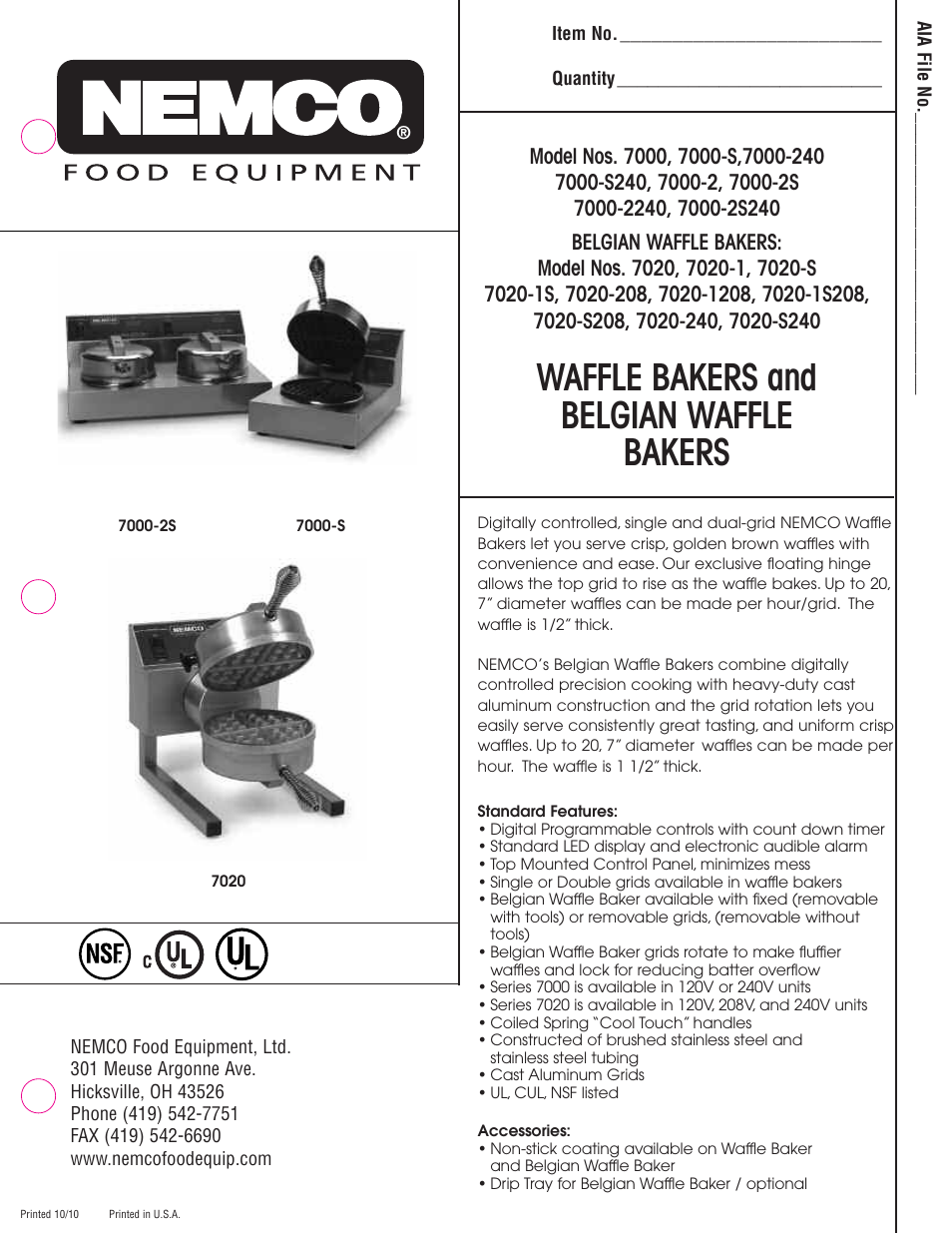 Nemco Food Equipment Waffle Bakers - Spec Sheet User Manual | 2 pages