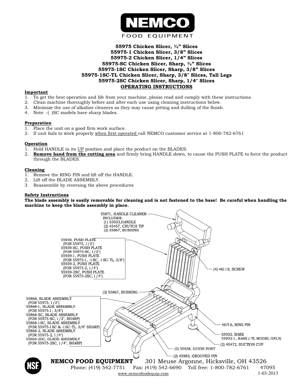 Nemco Food Equipment Easy Chicken Slicer - Operations Manual User Manual | 1 page