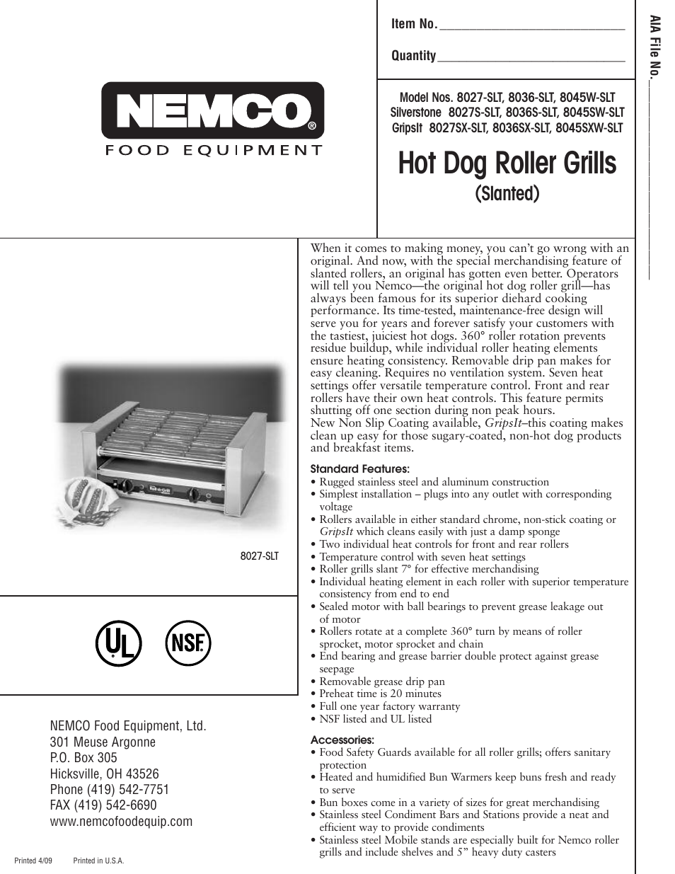 Nemco Food Equipment Slanted Hot Dog Roller Grills - Spec Sheet User Manual | 2 pages