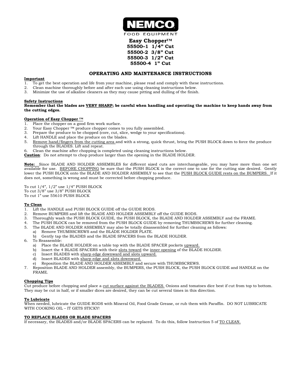 Nemco Food Equipment Easy Chopper - Operations Manual User Manual | 2 pages
