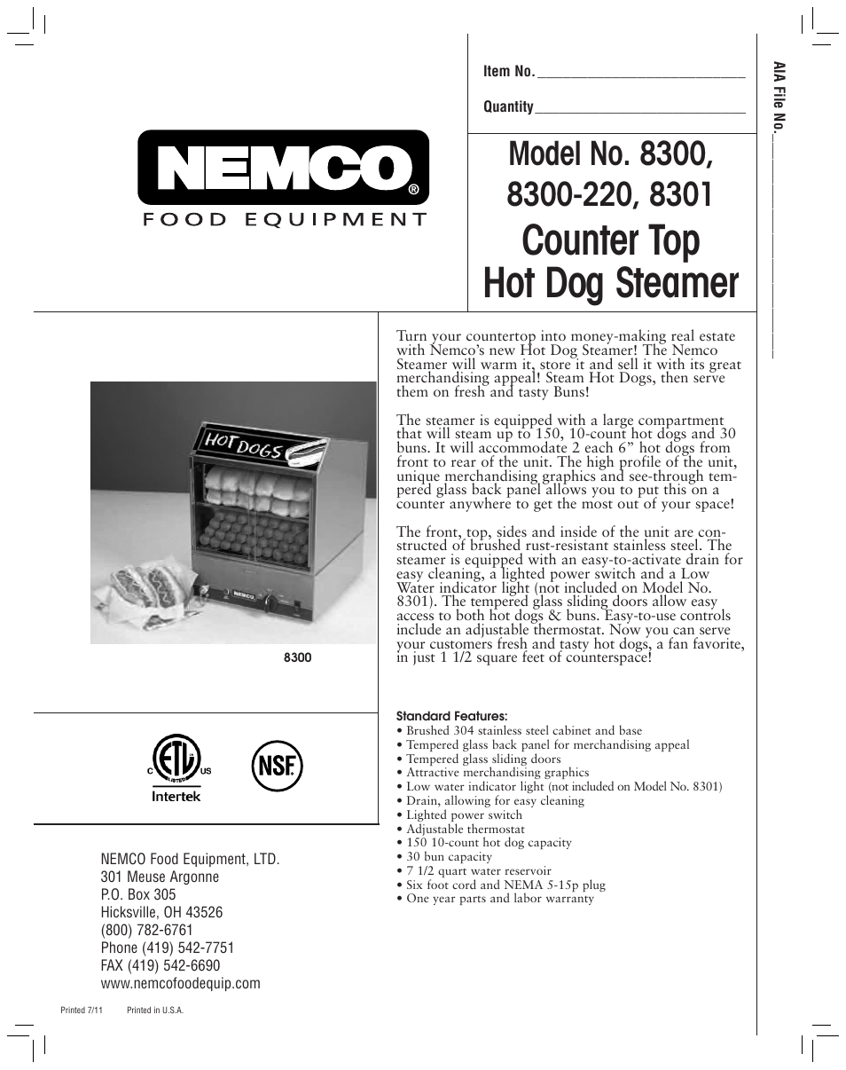 Nemco Food Equipment Hot Dog Steamer - Spec Sheet User Manual | 2 pages