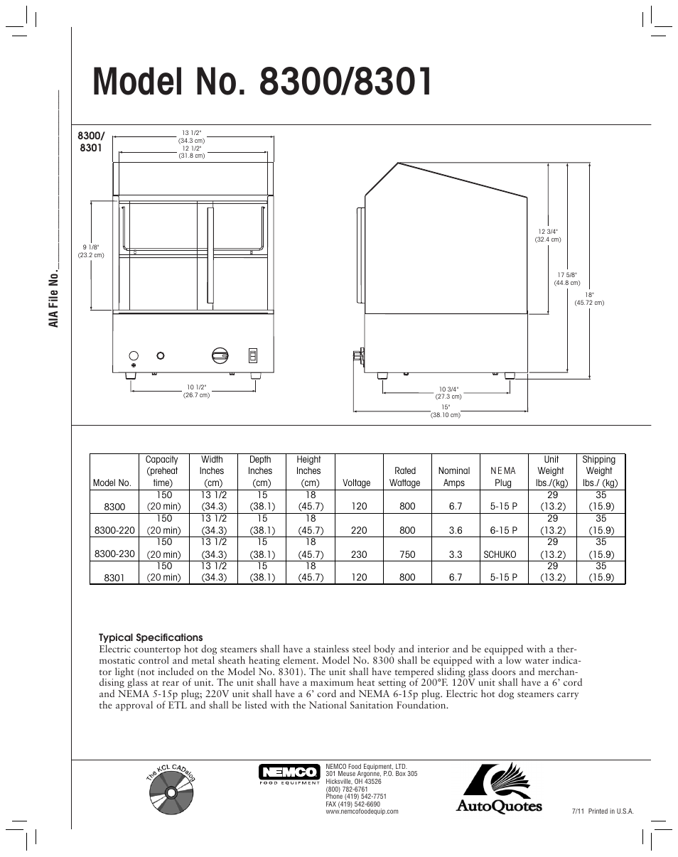 Nemco Food Equipment Hot Dog Steamer - Spec Sheet User Manual | Page 2 / 2