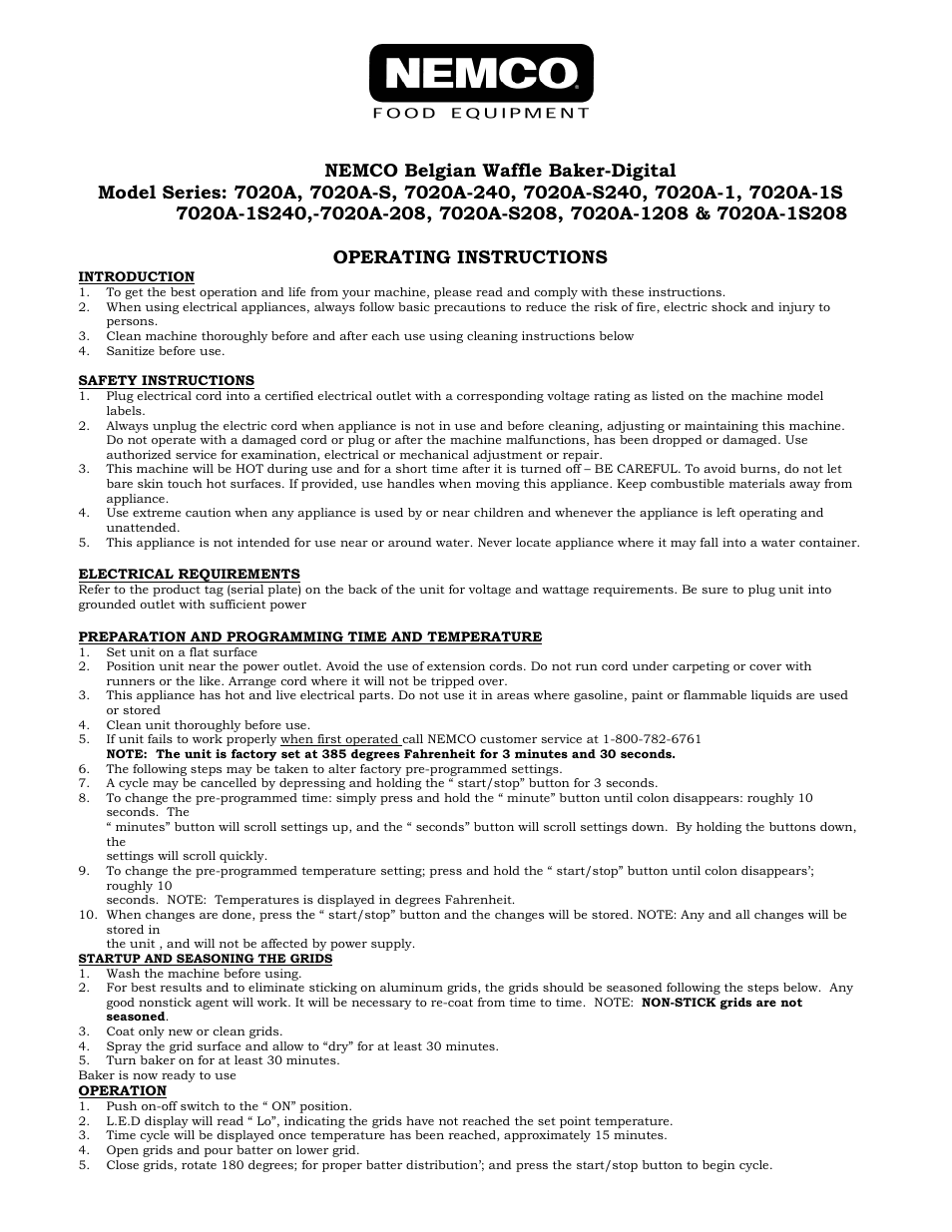 Nemco Food Equipment Belgian Waffle Bakers - Operations Manual User Manual | 3 pages