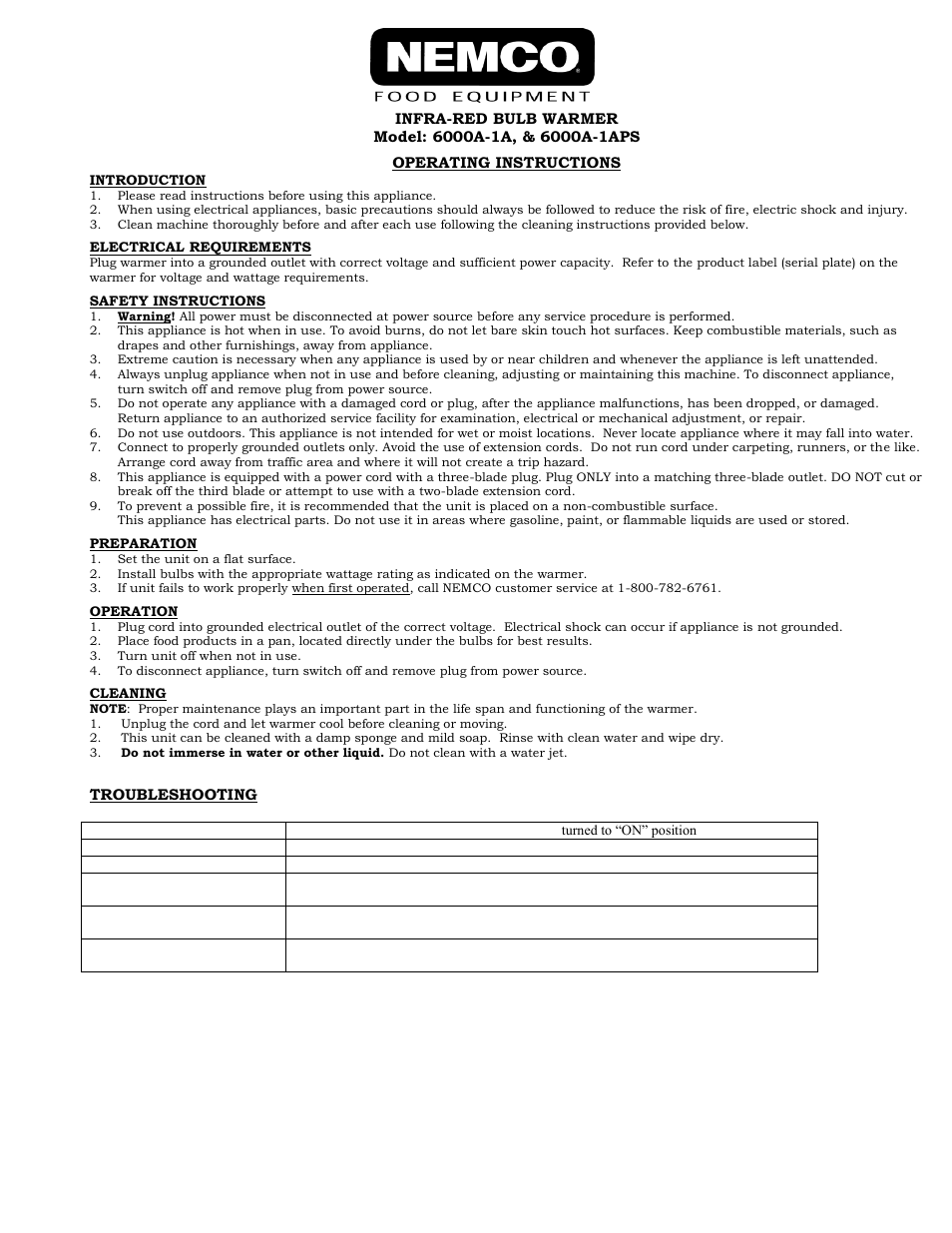 Nemco Food Equipment Infrared Bulb Warmers 6000A-1A, -1APS - Operations Manual User Manual | 2 pages