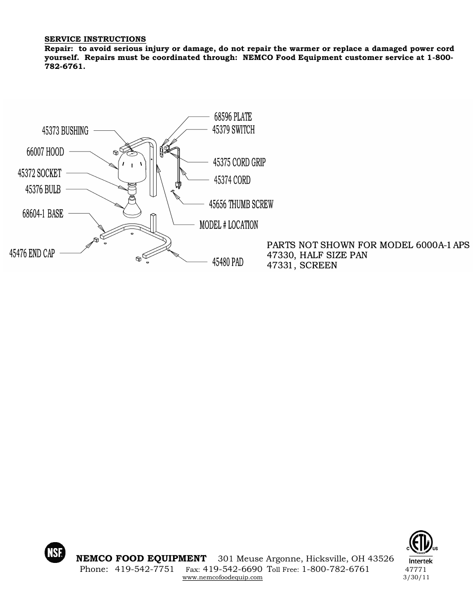 Nemco Food Equipment Infrared Bulb Warmers 6000A-1A, -1APS - Operations Manual User Manual | Page 2 / 2