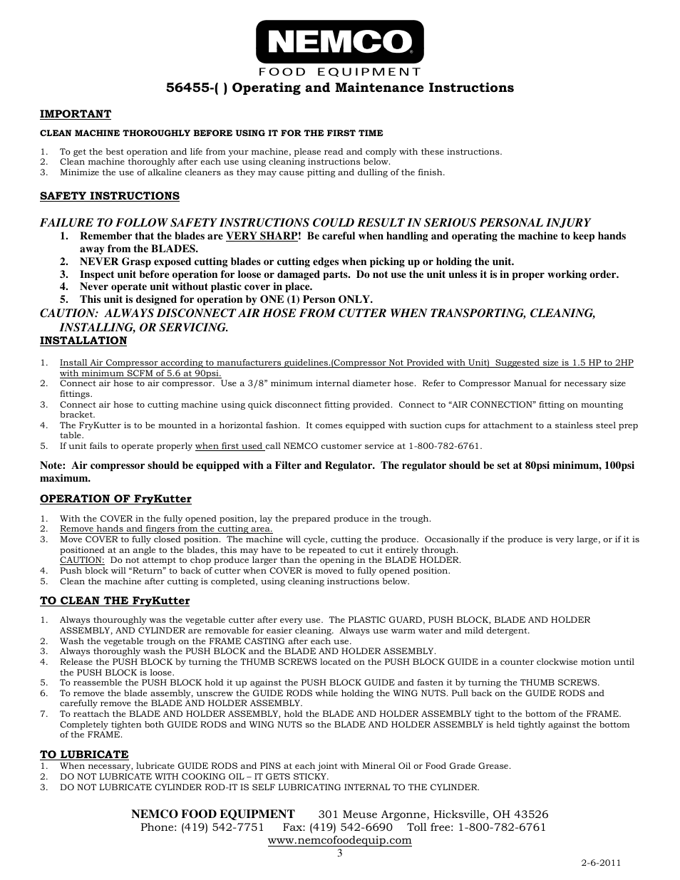 Nemco food equipment | Nemco Food Equipment Monster Airmatic FryKutter - Operations Manual User Manual | Page 3 / 4