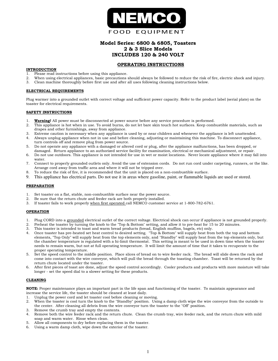 Nemco Food Equipment Countertop Toasters - Operations Manual User Manual | 2 pages