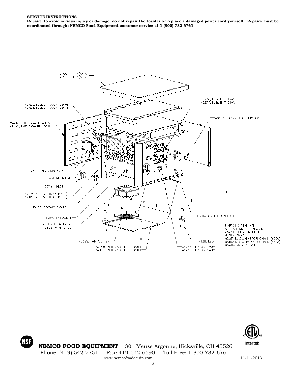Nemco Food Equipment Countertop Toasters - Operations Manual User Manual | Page 2 / 2