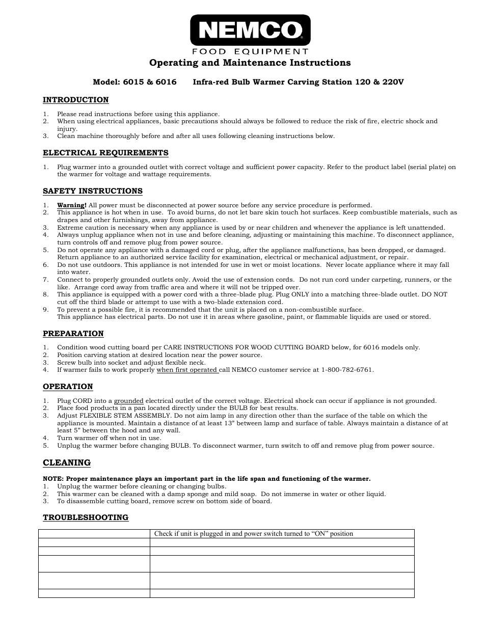 Nemco Food Equipment Carving Station Bulb Warmers 6015 & 6016 - Operations Manual User Manual | 2 pages