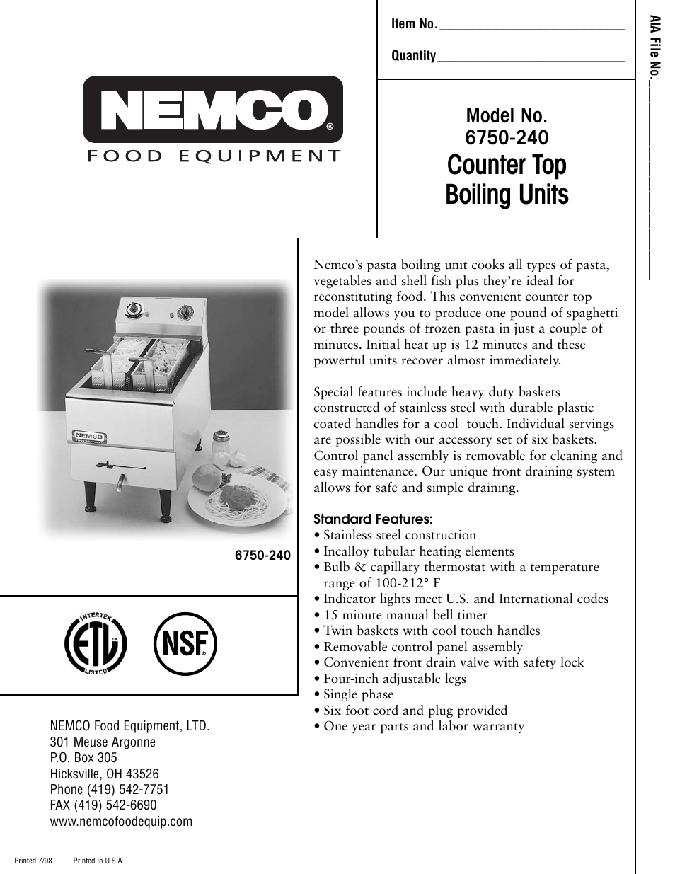 Nemco Food Equipment Countertop Boiling Unit - Spec Sheet User Manual | 2 pages