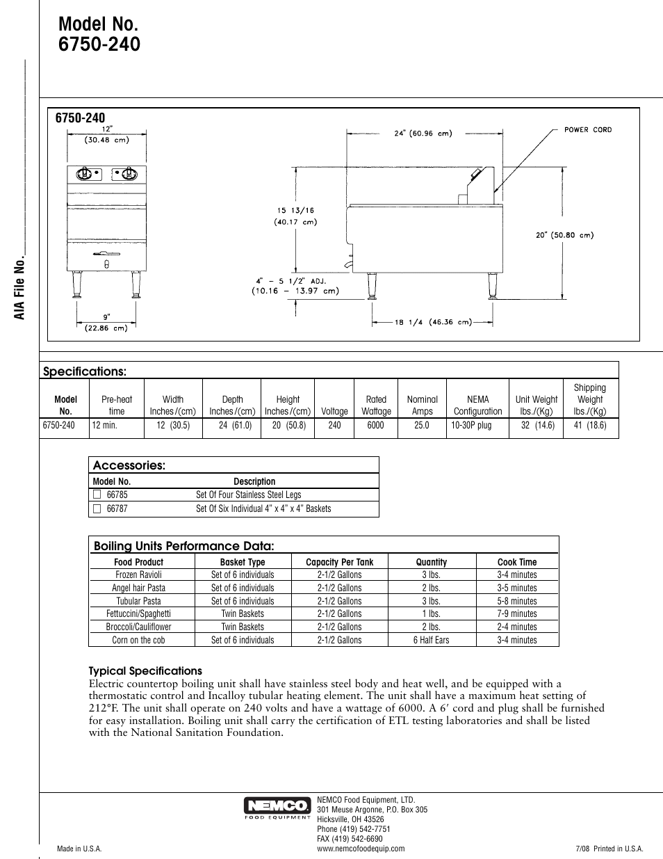 Aia file no | Nemco Food Equipment Countertop Boiling Unit - Spec Sheet User Manual | Page 2 / 2