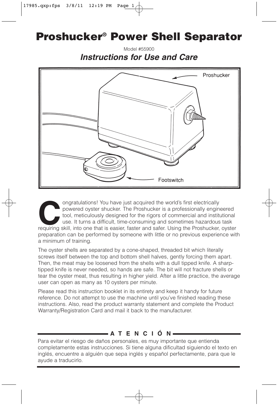 Nemco Food Equipment ProShucker Power Shell Separator - Operations Manual User Manual | 8 pages