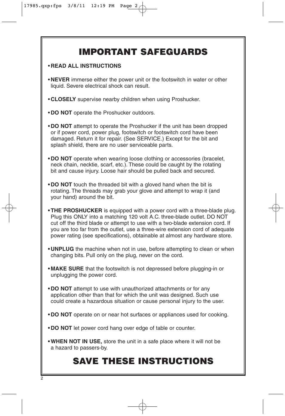 Important safeguards, Save these instructions | Nemco Food Equipment ProShucker Power Shell Separator - Operations Manual User Manual | Page 2 / 8